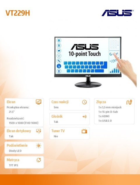 Monitor 21.5 cala VT229H FHD IPS Dotyk 10P HDMI D-SUB USB Głośnik Monitor 21.5 cala VT229H FHD IPS Dotyk 10P HDMI D-SUB USB Głośnik