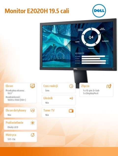 Monitor E2020H 19.5'' LED TN (1600x900) /16:9/VGA/DP 1.2/3Y PPG Monitor E2020H 19.5'' LED TN (1600x900) /16:9/VGA/DP 1.2/3Y PPG
