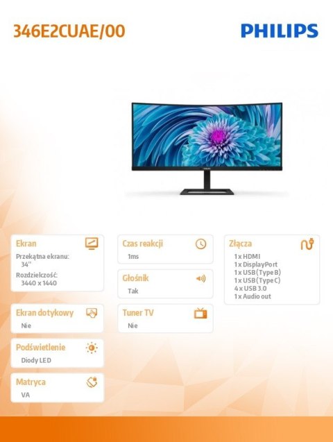 Monitor 346E2CUAE 34 cale VA Curved HDMI, DP, USB-C Głośniki, Regulowana wysokość Monitor 346E2CUAE 34 cale VA Curved HDMI, DP, USB-C Głośniki, Regulowana wysokość