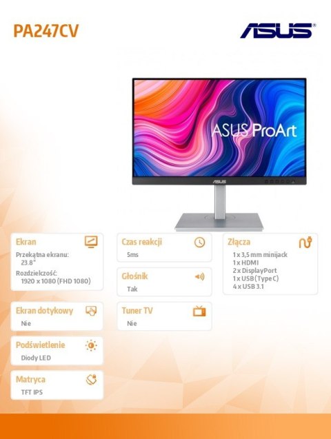 Monitor 24 cale PA247CV ProArt IPS HDMI USB-C DP PIVOT Głośnik 100%sRGB DisplayPort Daisy-chaining Monitor 24 cale PA247CV ProArt IPS HDMI USB-C DP PIVOT Głośnik 100%sRGB DisplayPort Daisy-chaining
