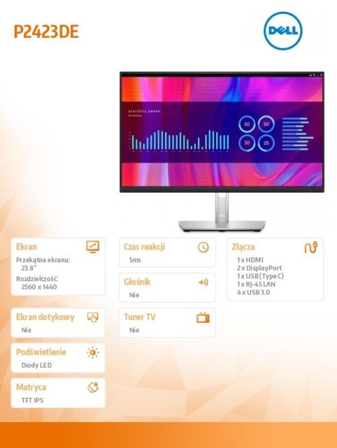 Monitor P2423DE 23.8 cala IPS LED QHD (2560x1440)/16:9/HDMI/DP/USB-C/4xUSB 3.2/RJ45/3Y AES Monitor P2423DE 23.8 cala IPS LED QHD (2560x1440)/16:9/HDMI/DP/USB-C/4xUSB 3.2/RJ45/3Y AES