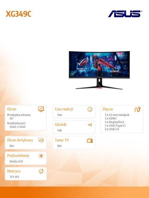Monitor 34 cale XG349C ROG STRIX UWQHD 144/180Hz IPS DP HDMI USB-C KVM 1900R Głośnik Monitor 34 cale XG349C ROG STRIX UWQHD 144/180Hz IPS DP HDMI USB-C KVM 1900R Głośnik