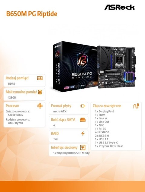 Płyta główna B650M PG RIPTIDE AM5 4DDR5 HDMI/DP mATX Płyta główna B650M PG RIPTIDE AM5 4DDR5 HDMI/DP mATX