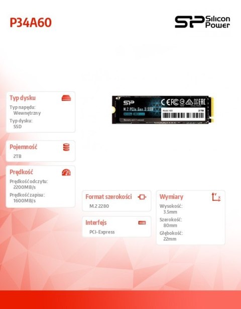 Dysk SSD P34A60 2TB PCIE M.2 NVMe 2200/1600 MB/s Dysk SSD P34A60 2TB PCIE M.2 NVMe 2200/1600 MB/s