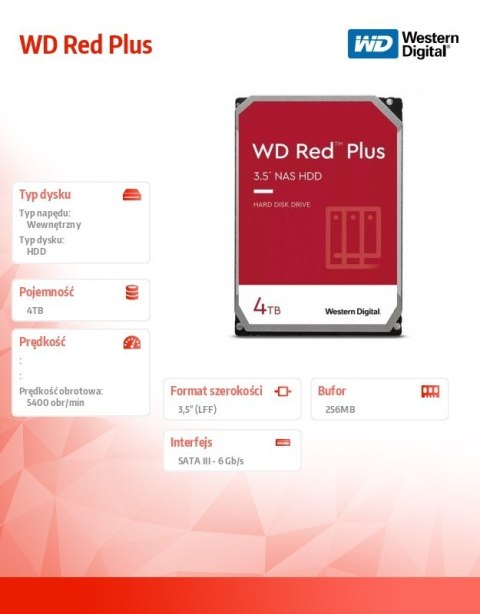 Dysk 3,5 cala WD Red Plus 4TB CMR 256MB/5400RPM Dysk 3,5 cala WD Red Plus 4TB CMR 256MB/5400RPM