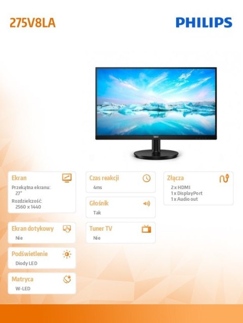Monitor 275V8LA 27 cali VA HDMIx2 DP Głośniki Monitor 275V8LA 27 cali VA HDMIx2 DP Głośniki