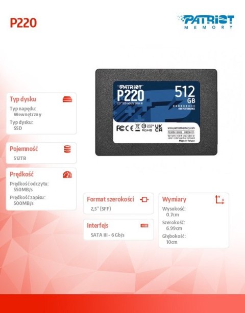 Dysk SSD 512GB P220 550/500MB/s SATA III 2.5 cala Dysk SSD 512GB P220 550/500MB/s SATA III 2.5 cala