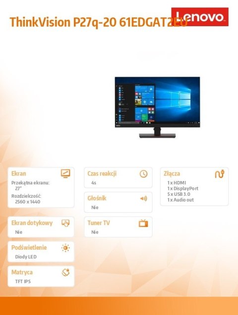 Monitor 27 ThinkVision T27q-20 WLED LCD 61EDGAT2EU Monitor 27 ThinkVision T27q-20 WLED LCD 61EDGAT2EU
