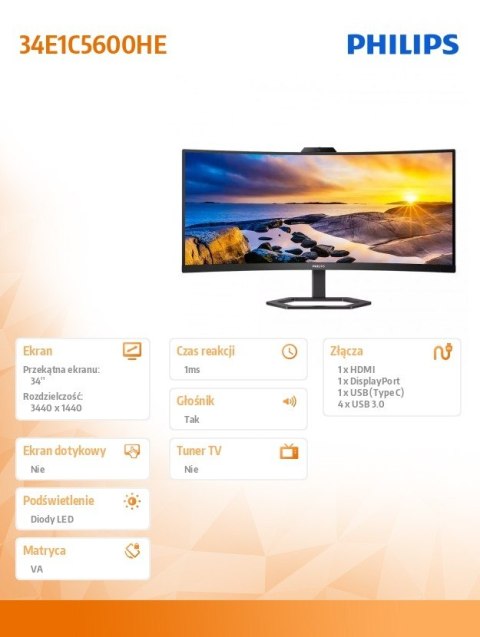 Monitor 34 cale 34E1C5600HE VA HDMI DP USB-C HAS Monitor 34 cale 34E1C5600HE VA HDMI DP USB-C HAS