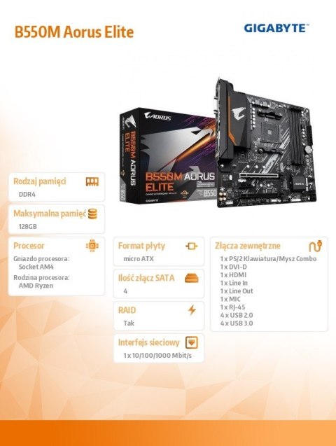 Płyta główna B550M AORUS ELITE AM4 4DDR4 2HDMI/DVI-D mATX Płyta główna B550M AORUS ELITE AM4 4DDR4 2HDMI/DVI-D mATX
