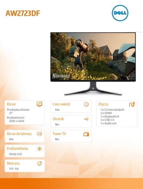 Monitor Alienware AW2723DF 27 cali LED NVIDIA G-Sync Compatible 240Hz QHD (2560x 1440)/16:9/DP/HDMI/USB/3Y Monitor Alienware AW2723DF 27 cali LED NVIDIA G-Sync Compatible 240Hz QHD (2560x 1440)/16:9/DP/HDMI/USB/3Y