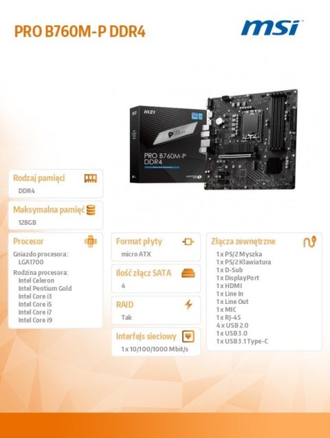 Płyta główna PRO B760M-P DDR4 s1700 4DDR4 DP/HDMI 2M.2 mATX Płyta główna PRO B760M-P DDR4 s1700 4DDR4 DP/HDMI 2M.2 mATX