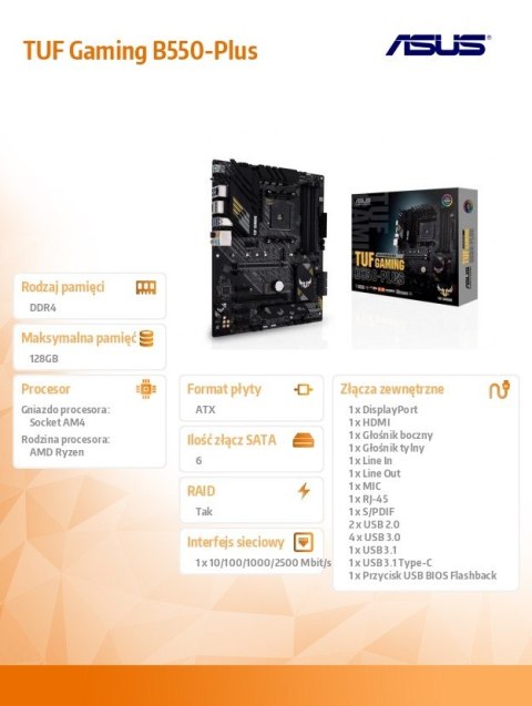 Płyta główna TUF GAMING B550-PLUS AM4 DDR4 HDMI/DP M.2 ATX Płyta główna TUF GAMING B550-PLUS AM4 DDR4 HDMI/DP M.2 ATX