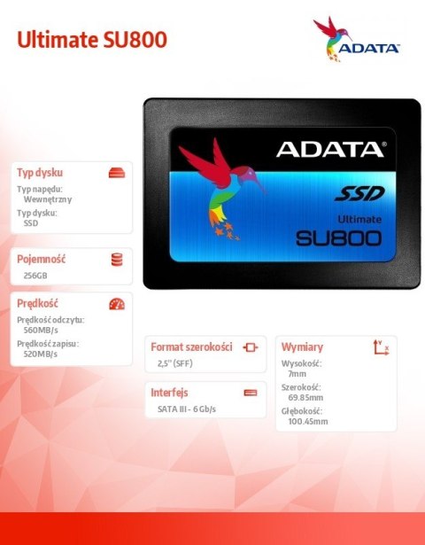 Dysk SSD Ultimate SU800 256GB S3 560/520 MB/s TLC 3D Dysk SSD Ultimate SU800 256GB S3 560/520 MB/s TLC 3D