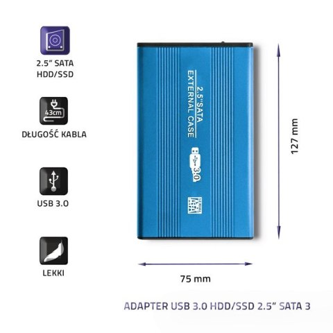 Obudowa na dysk HDD/SSD 2.5 cala SATA3 | USB 3.0 | Niebieska Obudowa na dysk HDD/SSD 2.5 cala SATA3 | USB 3.0 | Niebieska