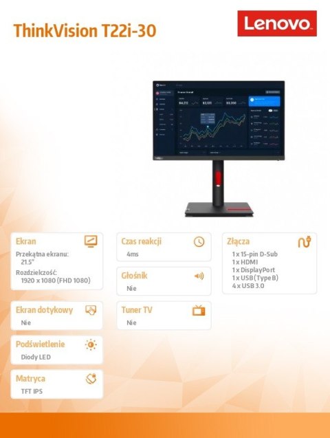 Monitor 21.5 cala ThinkVision T22i-30 WLED LCD 63B0MAT6EU Monitor 21.5 cala ThinkVision T22i-30 WLED LCD 63B0MAT6EU