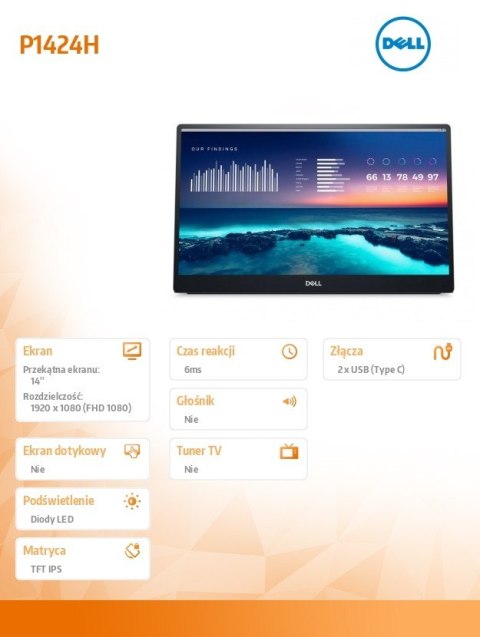 Monitor przenośny 14.0 cali P1424H 16:9/1920x1080/2xUSB-C Monitor przenośny 14.0 cali P1424H 16:9/1920x1080/2xUSB-C