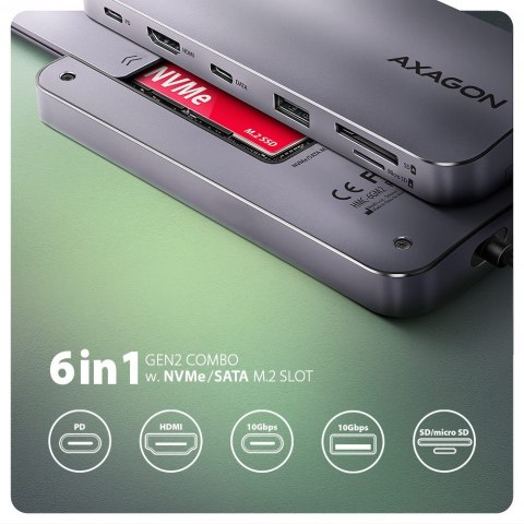 HUB HMC-6GM2 USB 6 in1 10Gbps hub, USB-A, USB-C, HDMI, M.2, SD/ mSD, PD 100W, USB-C HUB HMC-6GM2 USB 6 in1 10Gbps hub, USB-A, USB-C, HDMI, M.2, SD/ mSD, PD 100W, USB-C
