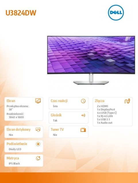 Monitor zakrzywiony 38 cali U3824DW 21:9/3840x1600/3Y PPG Monitor zakrzywiony 38 cali U3824DW 21:9/3840x1600/3Y PPG