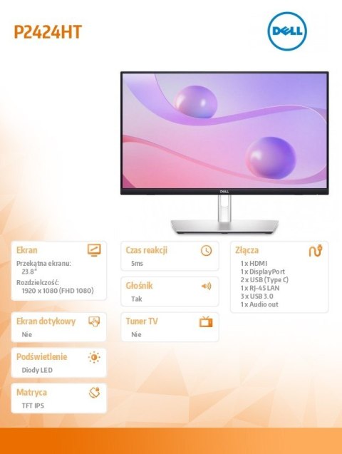 Monitor 23.8 cala P2424HT Dotykowy FHD/16:9/HDMI/DP/USBC/RJ45/3Y Monitor 23.8 cala P2424HT Dotykowy FHD/16:9/HDMI/DP/USBC/RJ45/3Y