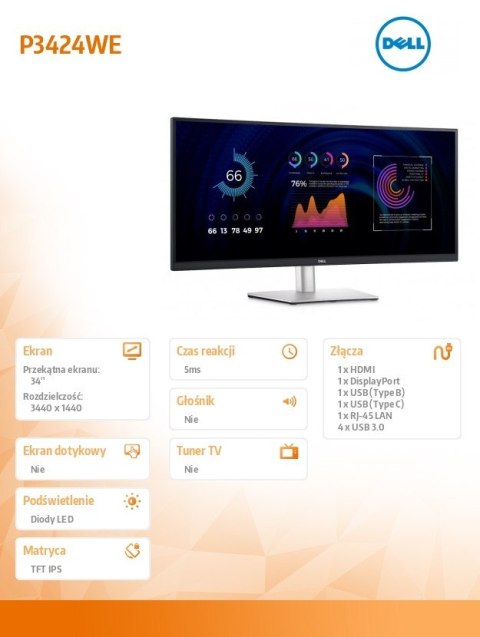 Monitor 34 cale P3424WE Zakrzywiony 21:9/3440x1440/IPS/USBC/RJ45/HDMI/DP/3Y Monitor 34 cale P3424WE Zakrzywiony 21:9/3440x1440/IPS/USBC/RJ45/HDMI/DP/3Y
