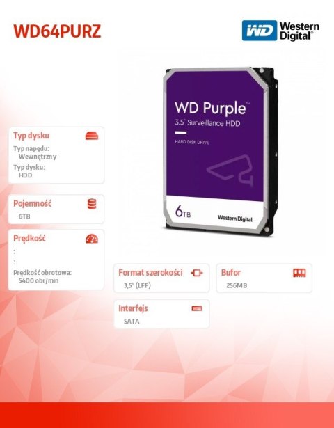 Dysk twardy WD Purple 6TB 3,5 256 MB 5400RPM WD64PURZ Dysk twardy WD Purple 6TB 3,5 256 MB 5400RPM WD64PURZ