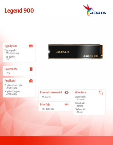 Dysk SSD Legend 900 1TB PCIe 4x4 7/4.7 GB/s M2 Dysk SSD Legend 900 1TB PCIe 4x4 7/4.7 GB/s M2