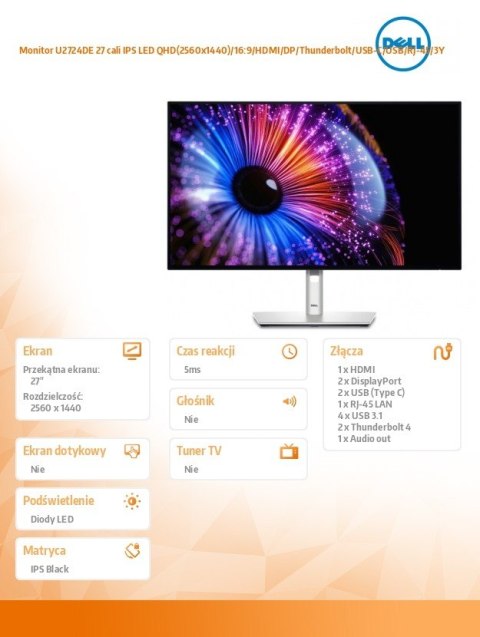 Monitor U2724DE 27 cali IPS LED QHD(2560x1440)/16:9/HDMI/DP/Thunderbolt/USB-C/USB/RJ-45/3Y Monitor U2724DE 27 cali IPS LED QHD(2560x1440)/16:9/HDMI/DP/Thunderbolt/USB-C/USB/RJ-45/3Y