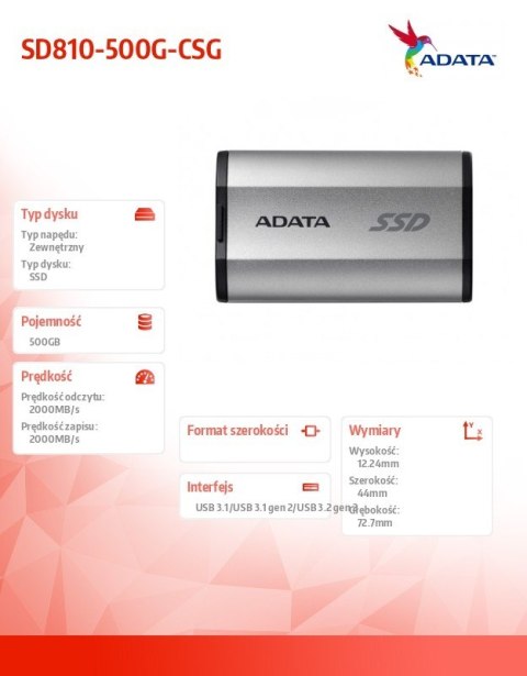 Dysk SSD External SD810 500G USB3.2 20Gb/s Silver Dysk SSD External SD810 500G USB3.2 20Gb/s Silver