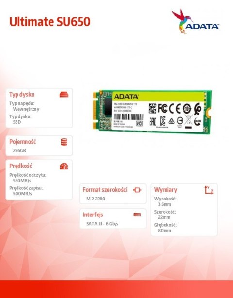 Dysk SSD Ultimate SU650 256G M.2 TLC 3D 2280 SATA Dysk SSD Ultimate SU650 256G M.2 TLC 3D 2280 SATA