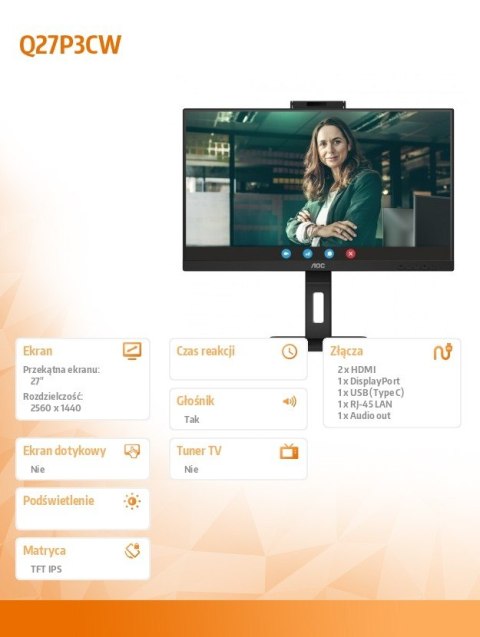 Monitor Q27P3CW 27'' IPS DP HDMIx2 USB-C Pivot Kamera Monitor Q27P3CW 27'' IPS DP HDMIx2 USB-C Pivot Kamera