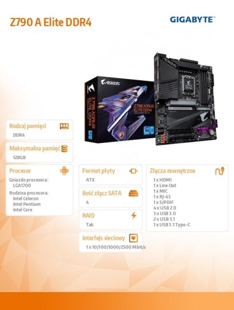 Płyta główna Z790 AORUS ELITE DDR4 S1700 4DDR4 USB/M.2 ATX Płyta główna Z790 AORUS ELITE DDR4 S1700 4DDR4 USB/M.2 ATX
