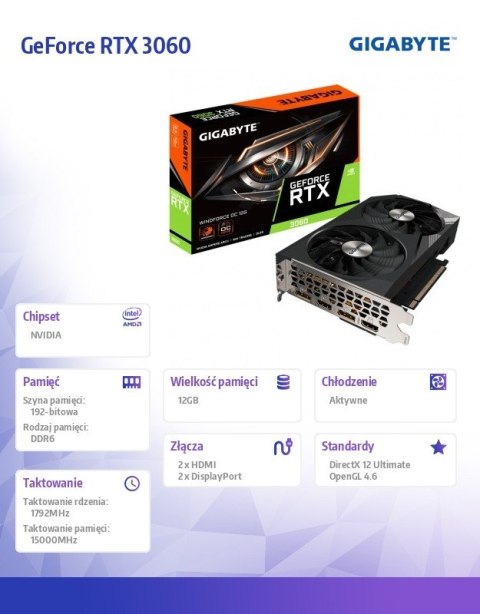 Karta graficzna GeForce RTX 3060 Windforce OC 2.0 12GB GDDR6 192bit Karta graficzna GeForce RTX 3060 Windforce OC 2.0 12GB GDDR6 192bit