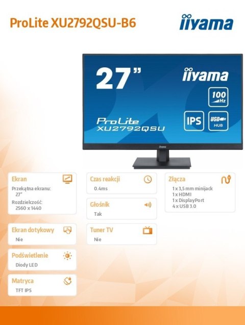 Monitor 27 cali ProLite XU2792QSU-B6 IPS,QHD,100Hz,HDMI,DP,4xUSB3.2,SLIM Monitor 27 cali ProLite XU2792QSU-B6 IPS,QHD,100Hz,HDMI,DP,4xUSB3.2,SLIM
