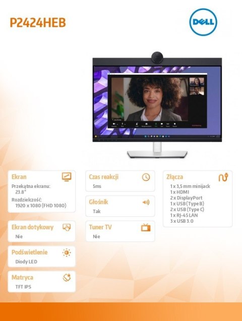 Monitor P2424HEB 23.8 cala LED IPS Full HD (1920 x1080)/16:9/HDMI/DP/ RJ-45/Kamera/Głośniki/Mikrofon/3YPPG Monitor P2424HEB 23.8 cala LED IPS Full HD (1920 x1080)/16:9/HDMI/DP/ RJ-45/Kamera/Głośniki/Mikrofon/3YPPG