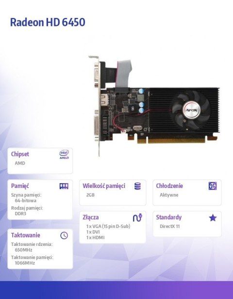 Karta graficzna Radeon HD 6450 2GB DDR3 64Bit DVI HDMI VGA LP Fan L5 Karta graficzna Radeon HD 6450 2GB DDR3 64Bit DVI HDMI VGA LP Fan L5