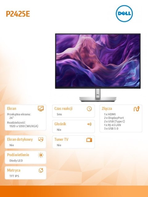 Monitor 24 cale P2425E 16:10 WUXGA/HDMI/USBC/DP/RJ45/USB/3Y Monitor 24 cale P2425E 16:10 WUXGA/HDMI/USBC/DP/RJ45/USB/3Y