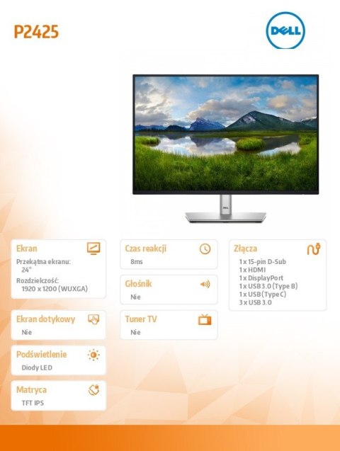 Monitor P2425 24 cale IPS 16:10 WUXGA/HDMI/USBC/DP/VGA/USB/3Y Monitor P2425 24 cale IPS 16:10 WUXGA/HDMI/USBC/DP/VGA/USB/3Y