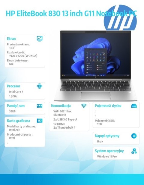 Notebook Elitebook 830 G11 U7-155U 1TB/32GB/W11P/13.3 9G0D6ET Notebook Elitebook 830 G11 U7-155U 1TB/32GB/W11P/13.3 9G0D6ET