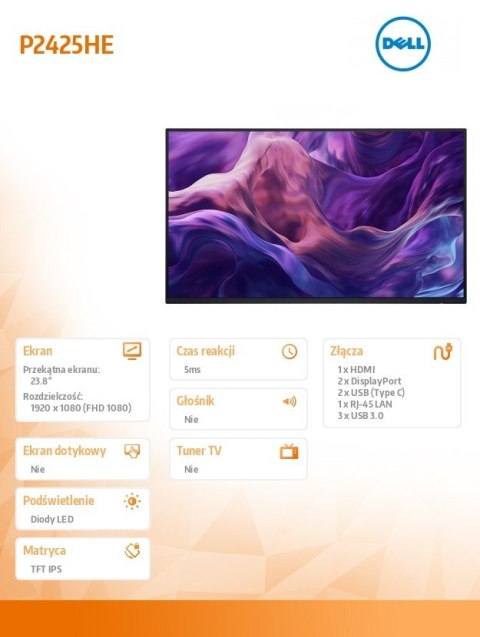 Monitor 24 cale P2425HE LED IPS 1920x1080/16:9/HDMI/DP/USBC/USB/RJ45/5Y Monitor 24 cale P2425HE LED IPS 1920x1080/16:9/HDMI/DP/USBC/USB/RJ45/5Y