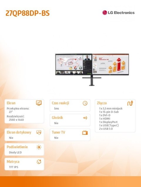 Monitor 27QP88DP-BS 27 cali QHD Ergo Dual Monitor 27QP88DP-BS 27 cali QHD Ergo Dual