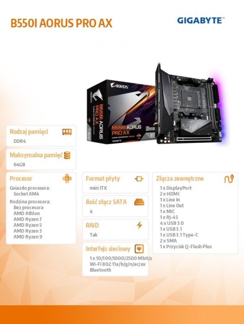 Płyta główna B550I AORUS PRO AX AM4 2DDR4 HDMI/DP mITX Płyta główna B550I AORUS PRO AX AM4 2DDR4 HDMI/DP mITX