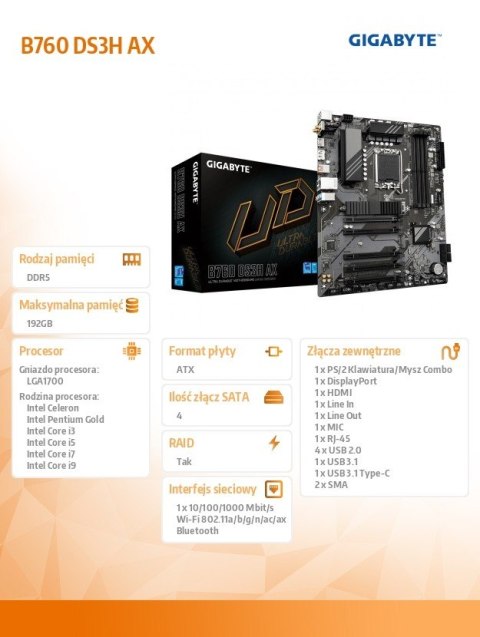 Płyta główna B760 DS3H AX s1700 4DDR5 DP/HDMI ATX Płyta główna B760 DS3H AX s1700 4DDR5 DP/HDMI ATX