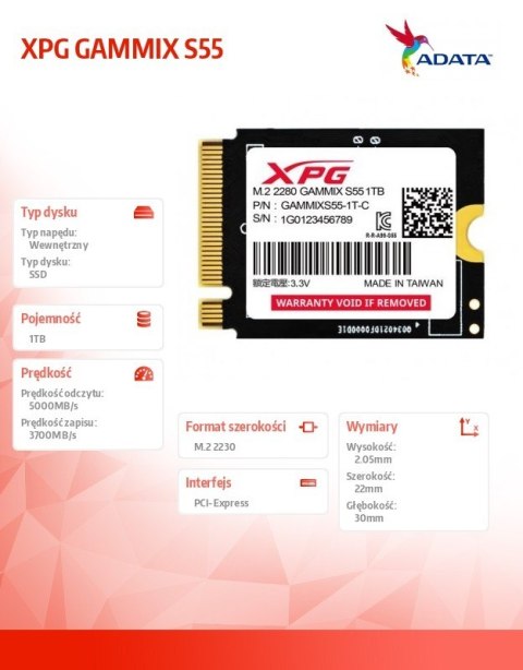 Dysk SSD XPG GAMMIX S55 1TB PCIe 4x4 5/3.7MB/s M2230 Dysk SSD XPG GAMMIX S55 1TB PCIe 4x4 5/3.7MB/s M2230