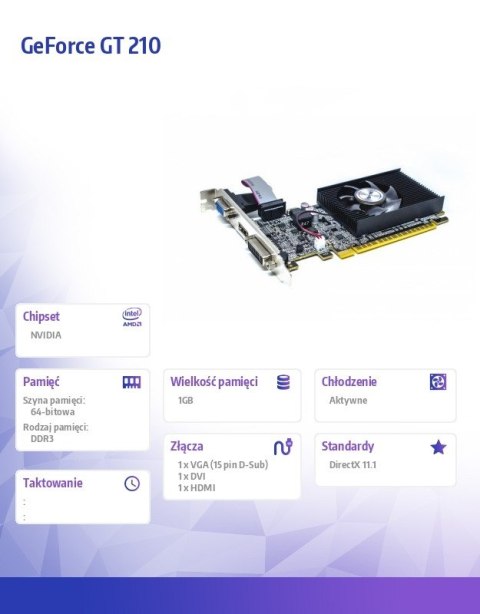 Karta graficzna GeForce GT 210 1GB DDR3 64Bit DVI HDMI VGA Fan LP Karta graficzna GeForce GT 210 1GB DDR3 64Bit DVI HDMI VGA Fan LP