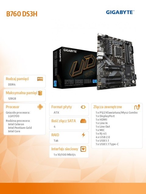 Płyta główna B760 DS3H s1700 4DDR5 DP/HDMI ATX Płyta główna B760 DS3H s1700 4DDR5 DP/HDMI ATX