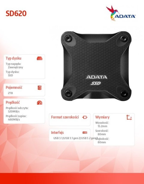 Zewnętrzny dysk SSD SD620 2TB U3.2A 520/460 MB/s Black Zewnętrzny dysk SSD SD620 2TB U3.2A 520/460 MB/s Black