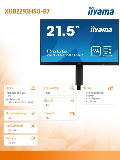 Monitor 21.5 cali XUB2293HSU-B7 IPS, 100Hz, Pivot, HAS(150mm), 300cd Monitor 21.5 cali XUB2293HSU-B7 IPS, 100Hz, Pivot, HAS(150mm), 300cd