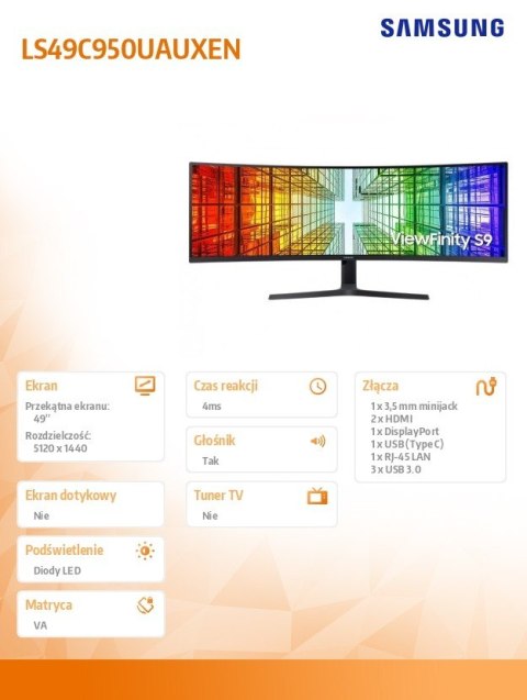 Monitor 49 cali ViewFinity S9 VA 5120x1440 DQHD 32:9 2xHDMI 1xUSB-C (90W) 1xDP 3xUSB 3.0 LAN (RJ45) 4ms HAS głośniki zakrzywiony Monitor 49 cali ViewFinity S9 VA 5120x1440 DQHD 32:9 2xHDMI 1xUSB-C (90W) 1xDP 3xUSB 3.0 LAN (RJ45) 4ms HAS głośniki zakrzywiony