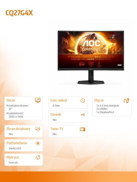 Monitor CQ27G4X 27 cali Zakrzywiony Fast VA 180Hz HDMIx2 DP HAS Monitor CQ27G4X 27 cali Zakrzywiony Fast VA 180Hz HDMIx2 DP HAS